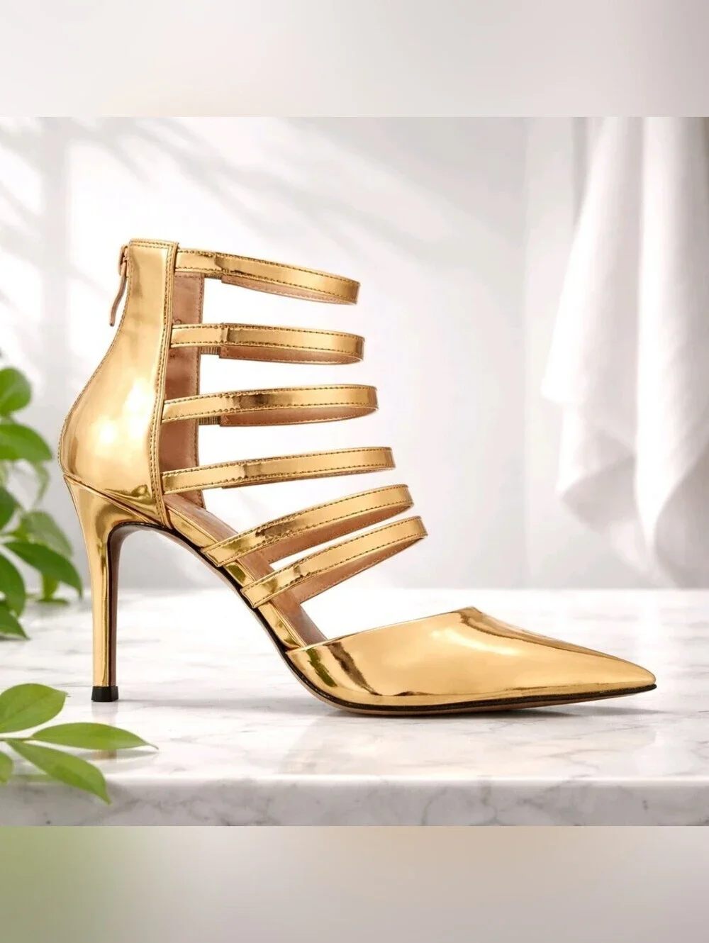 Things II Come NEW IN BOX! Gold Strappy Pointed-Toe Stiletto Heel